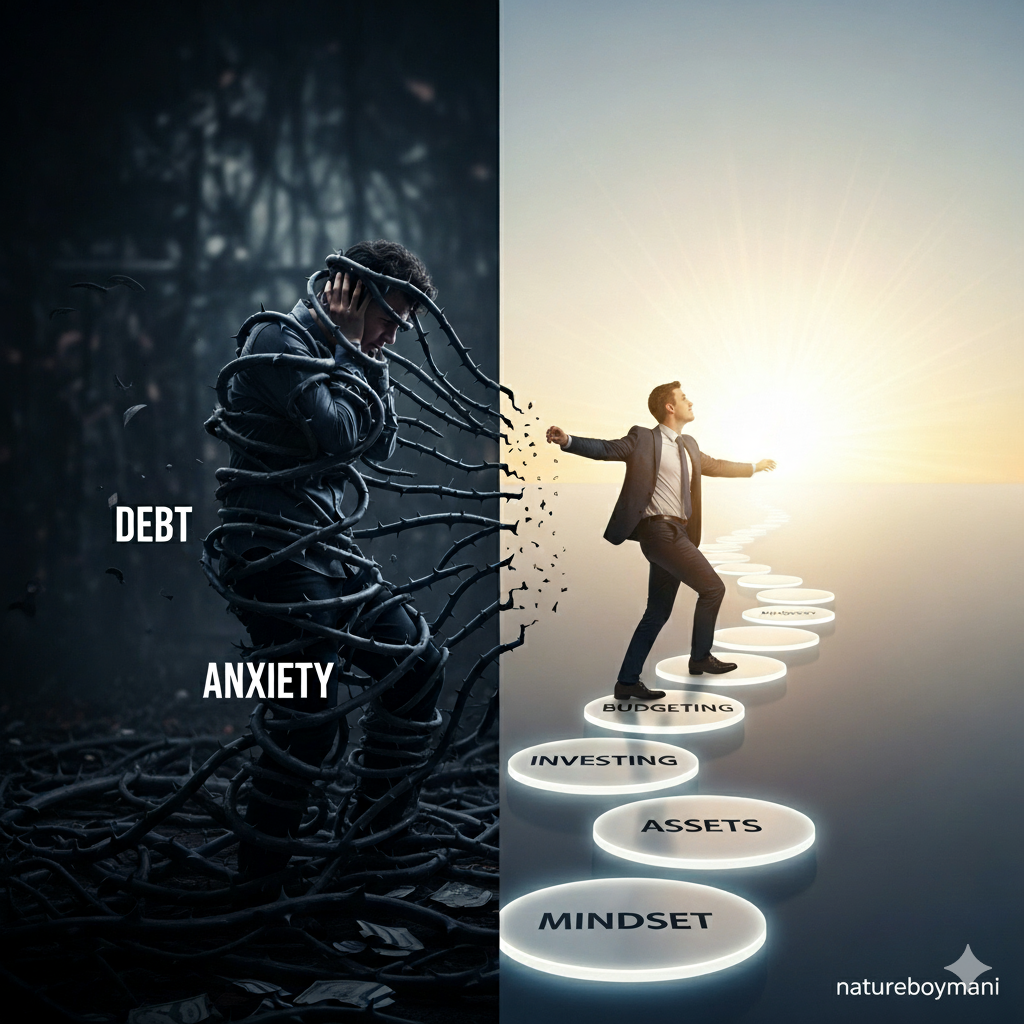 Man overcoming debt and anxiety to reach steps labeled 'Bucking', 'Investing', 'Assets', 'Mindset'.