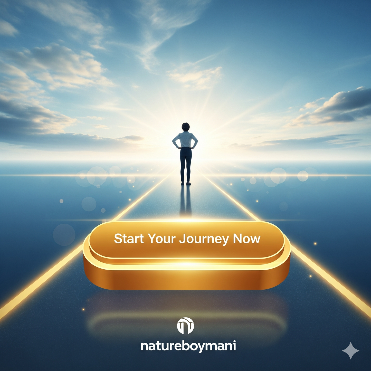 Person standing on a glowing platform with 'Start Your Journey Now' text and 'natureboymani' logo.