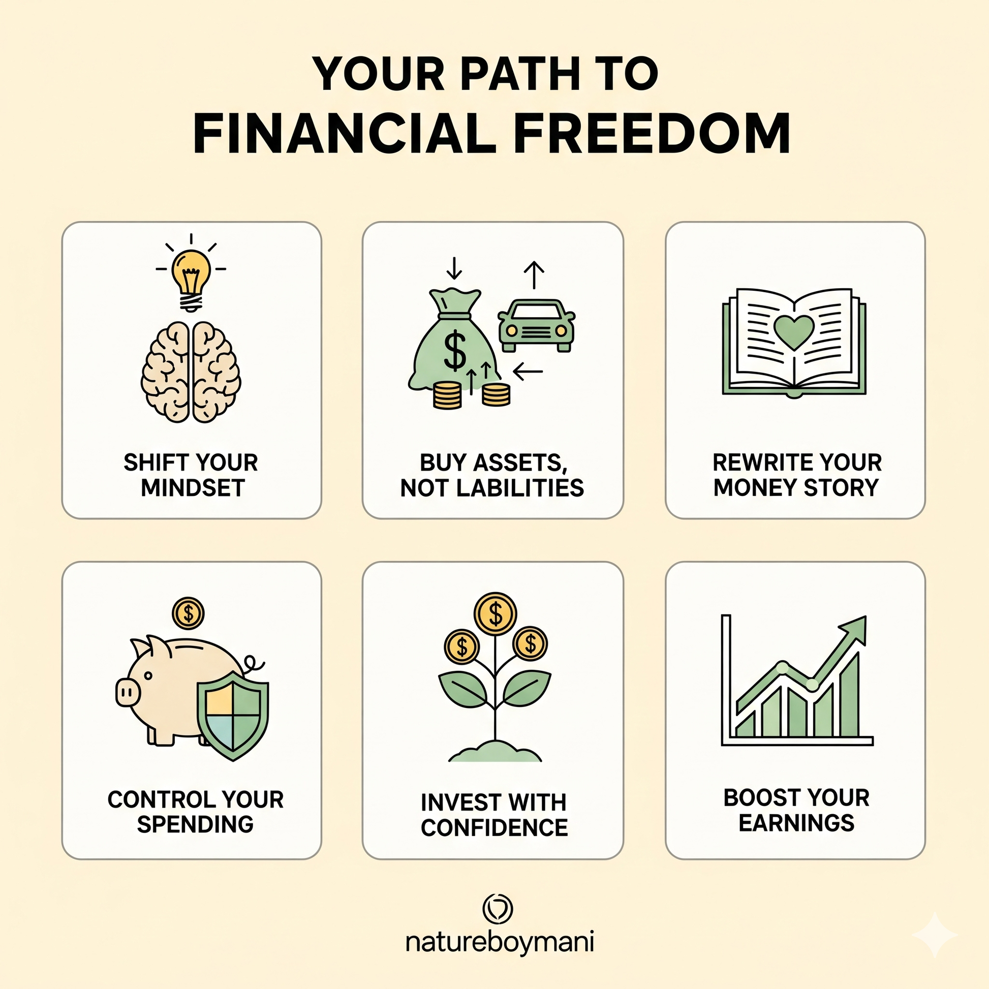 Illustrations of financial advice with icons and text on a beige background, featuring the brand 'natureboymani'.